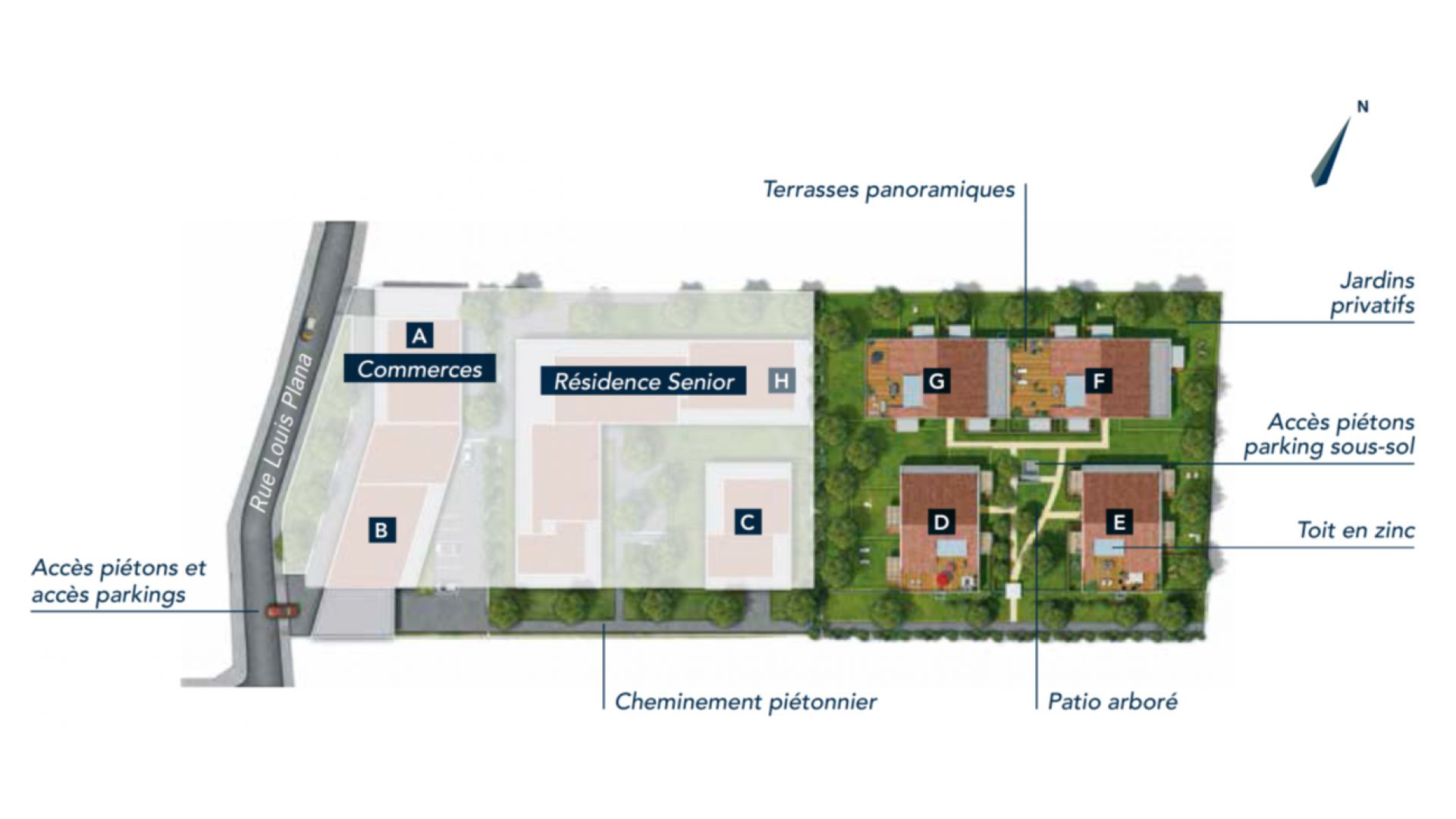 GreenCity immobilier - 31500 Toulouse Roseraie - Parc Romane - rue Louis Plana - appartements neufs du T1 au T4 - plan de masse