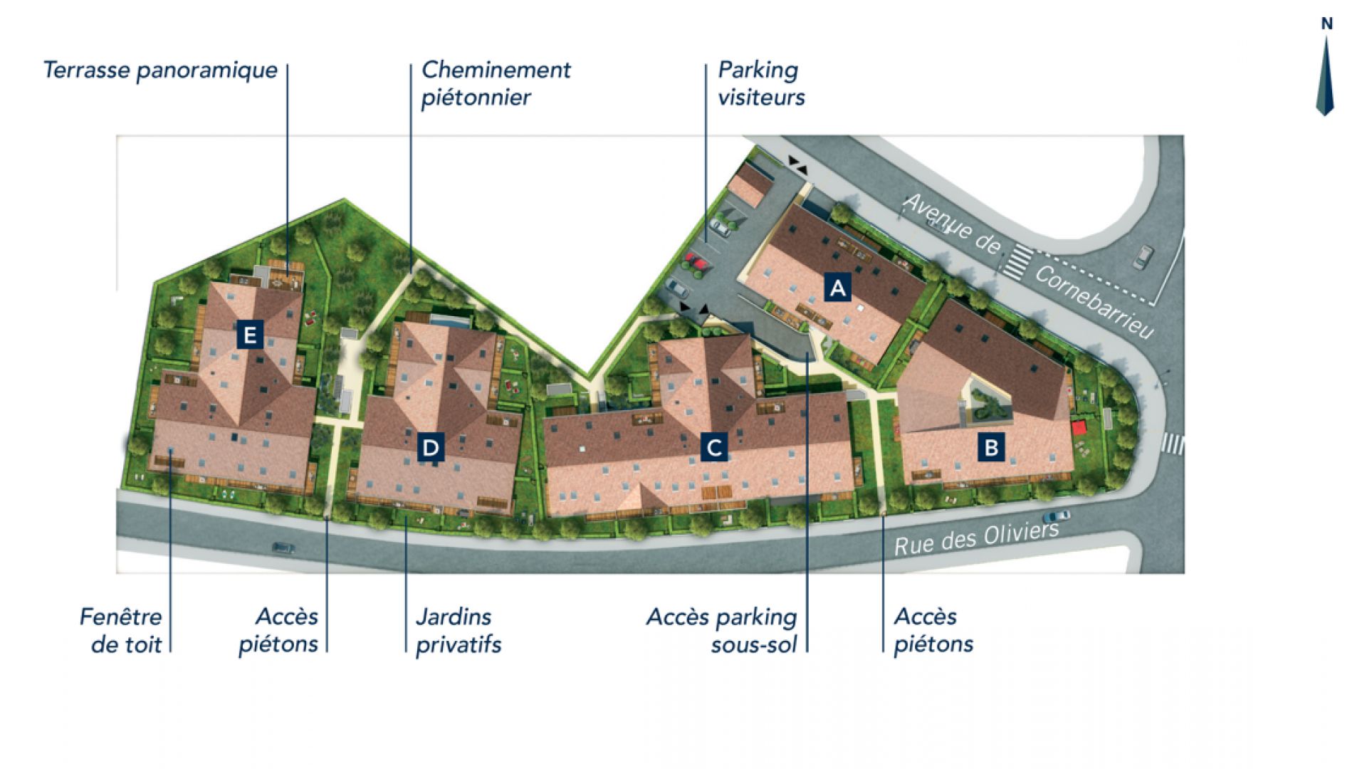 GreenCity immobilier - Clos Cassandre - 31700 Blagnac - appartements neufs du T1Bis au T5Duplex - plan de masse