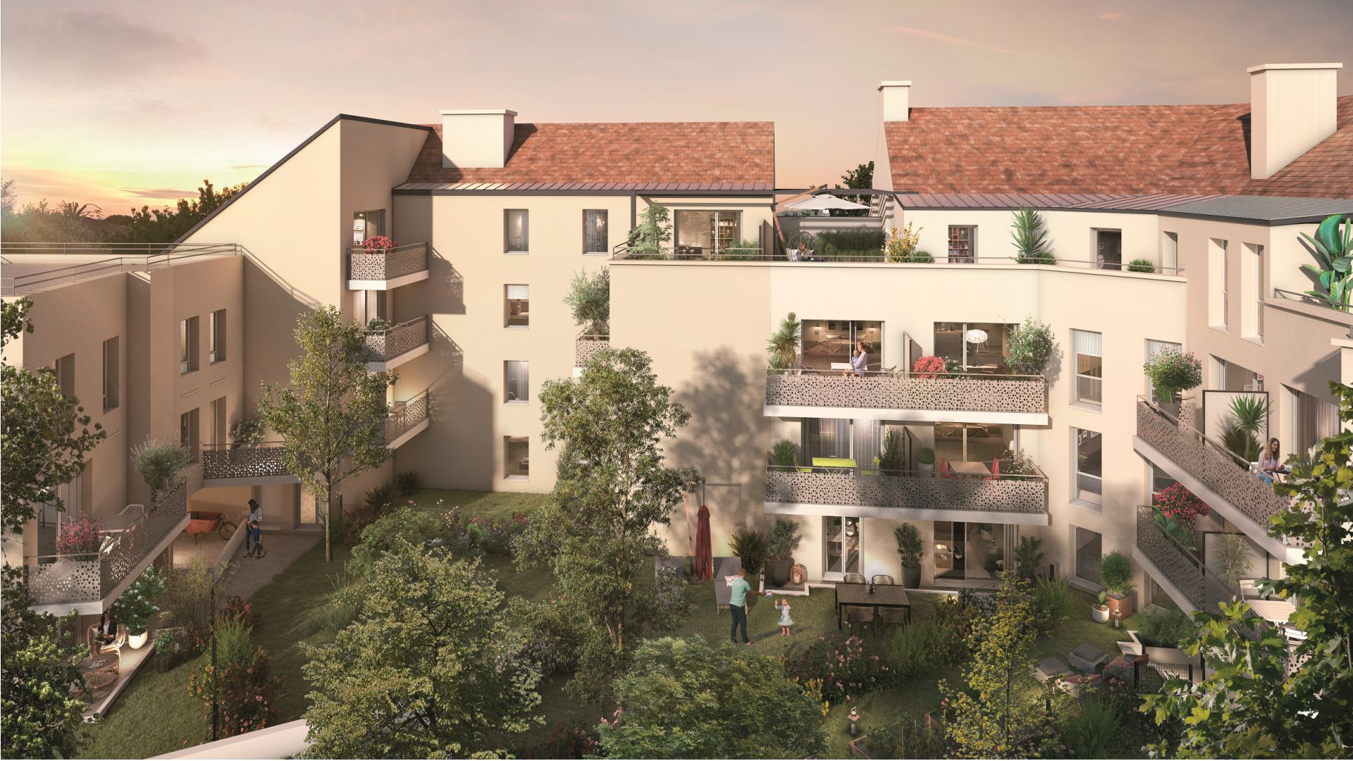 Greencity immobilier - achat appartements neufs du T1 au T3 Duplex - Résidence Cours Wilson - 95260 Beaumont-sur-Oise - vue jardin