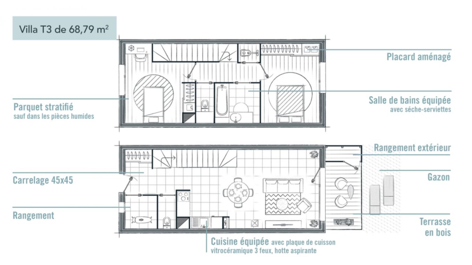 Greencity immobilier - achat immobilier neuf - appartements et villas du T2au T4 - Résidence Le Gardénia -31100 Toulouse Saint-Simon - plan villa T3