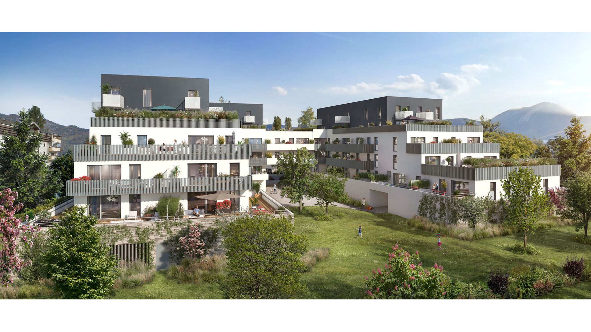 Greencity immobilier - achat appartements neufs du T1Bis au T5 - Résidence La Patio des Crêtes - 74300 Cluses  - vue jardin