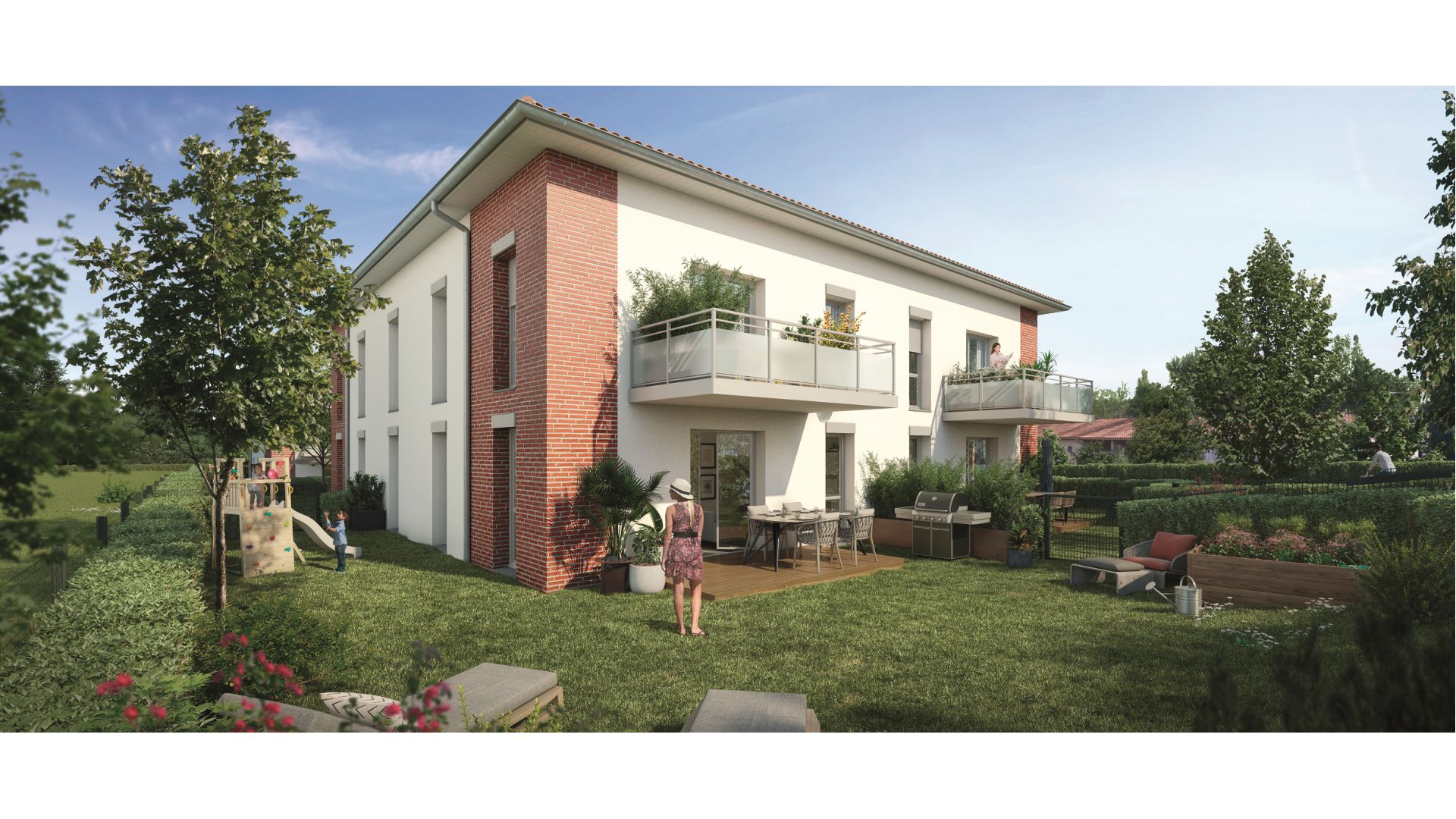 Greencity Immobilier - Le Roncevaux - achat appartements du T2 au T3 - Pechbonnieu 31140 - vue jardin