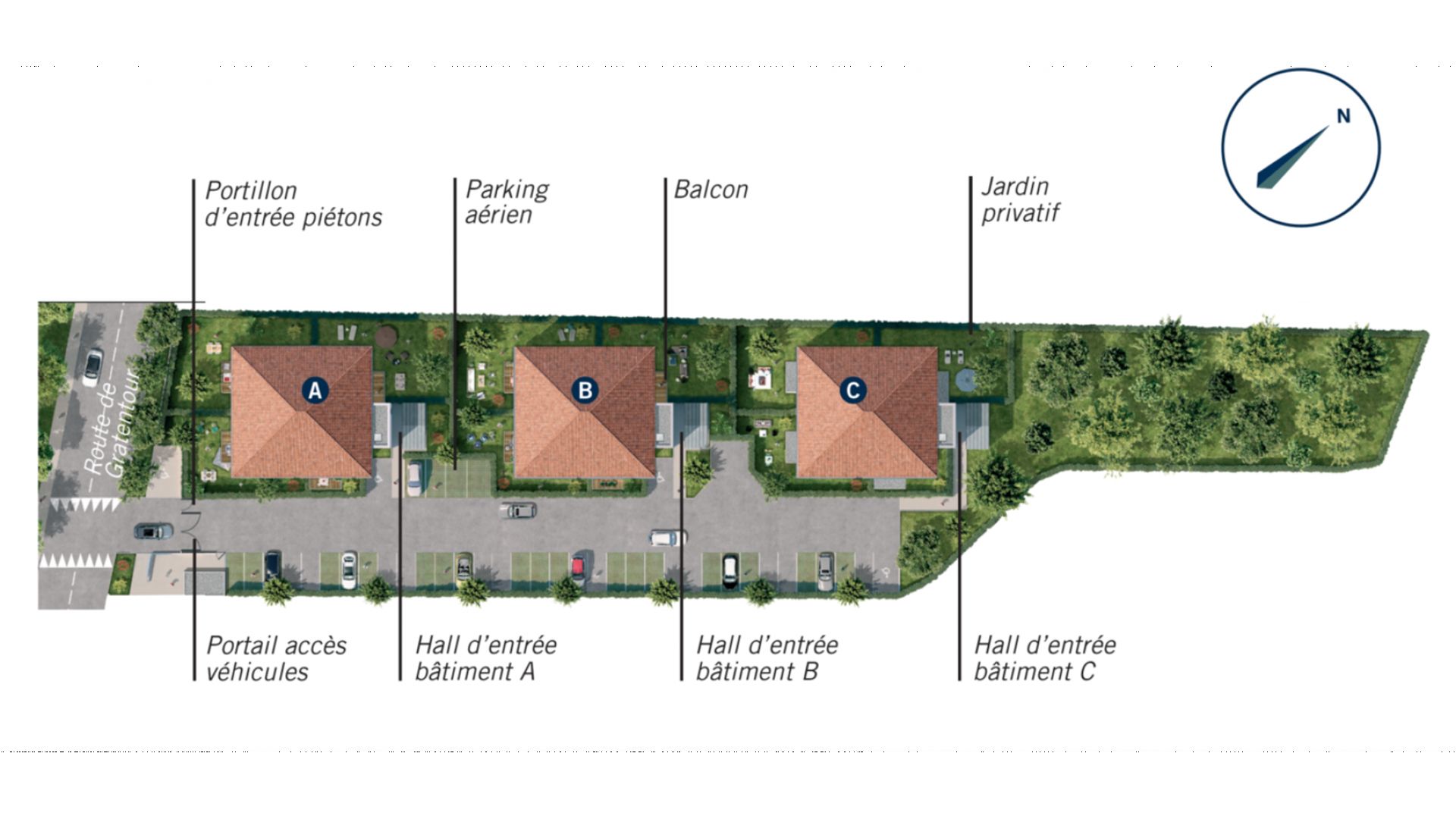 Greencity Immobilier - Le Roncevaux - achat appartements du T2 au T3 - Pechbonnieu 31140 - plan de masse