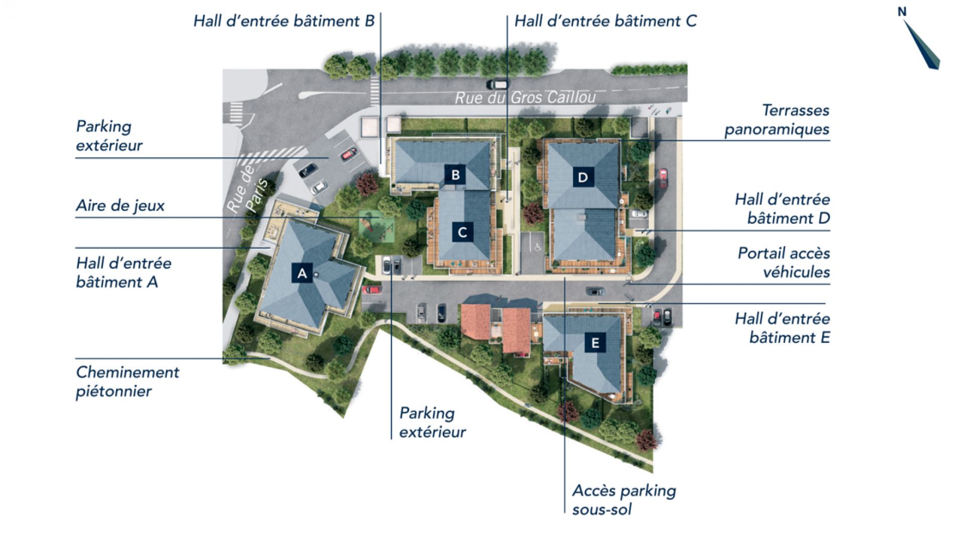 Greencity Immobilier - Le Stendhal - Cesson 77240 - achat appartements du T1 au T4 - Villa T4 et T5 - Plan de masse