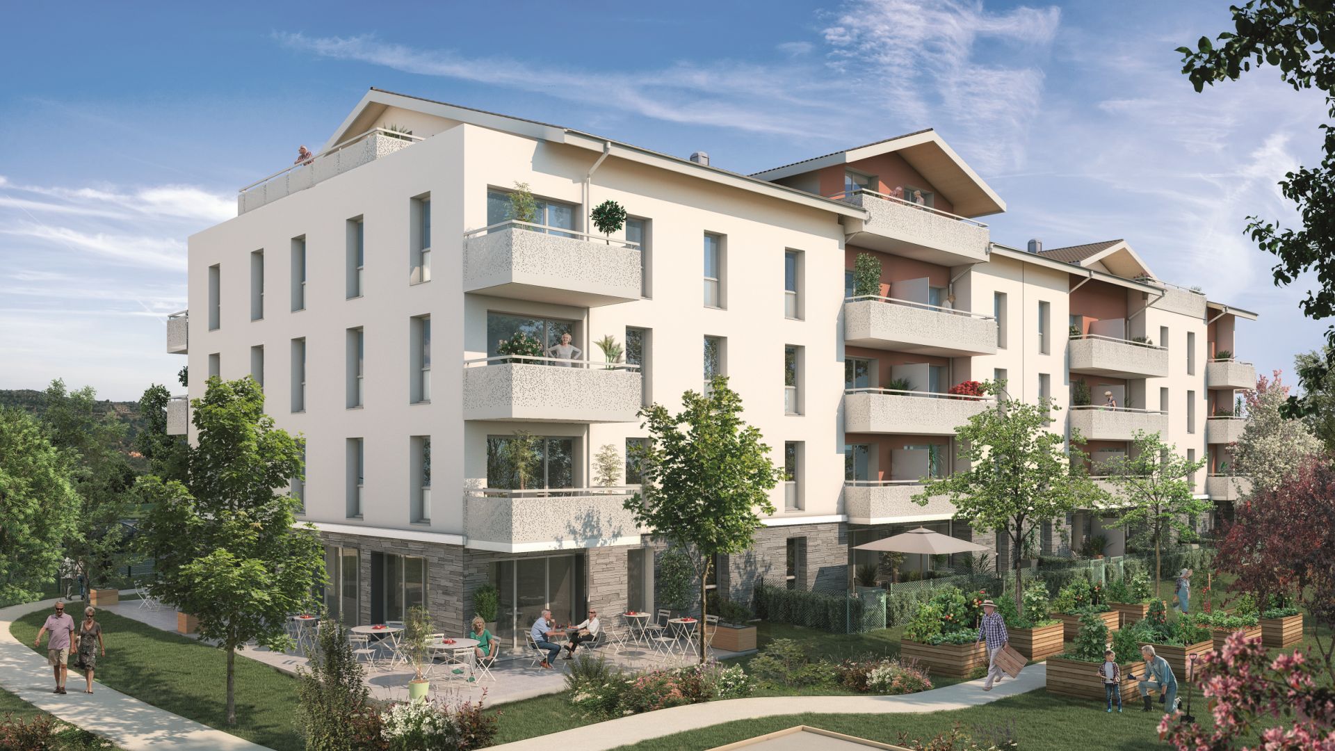 Greencity immobilier - achat appartements neufs du T2 au T3 - Résidence séniors - Les Villages d'Or Cessy - 01170 Cessy - vue club house