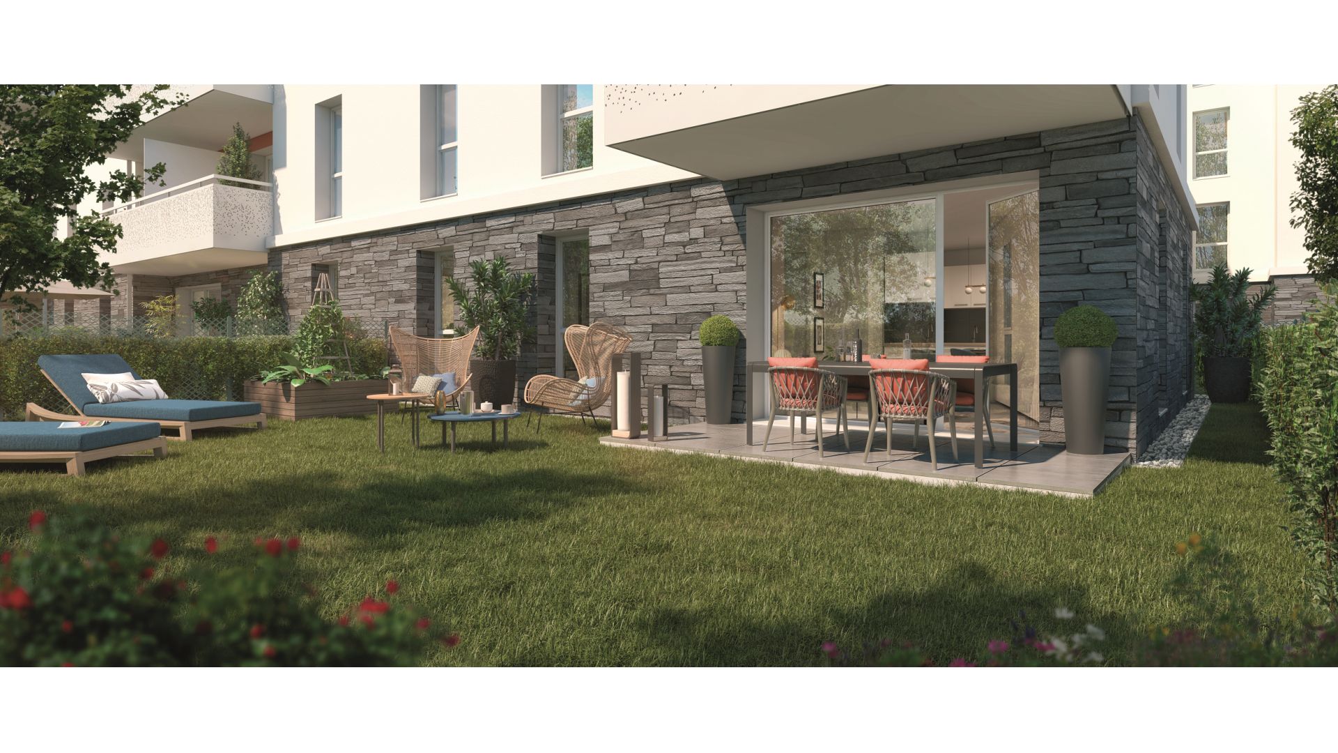 Greencity immobilier - achat appartements neufs du T2 au T3 - Résidence séniors - Les Villages d'Or Cessy - 01170 Cessy - vue terrasse