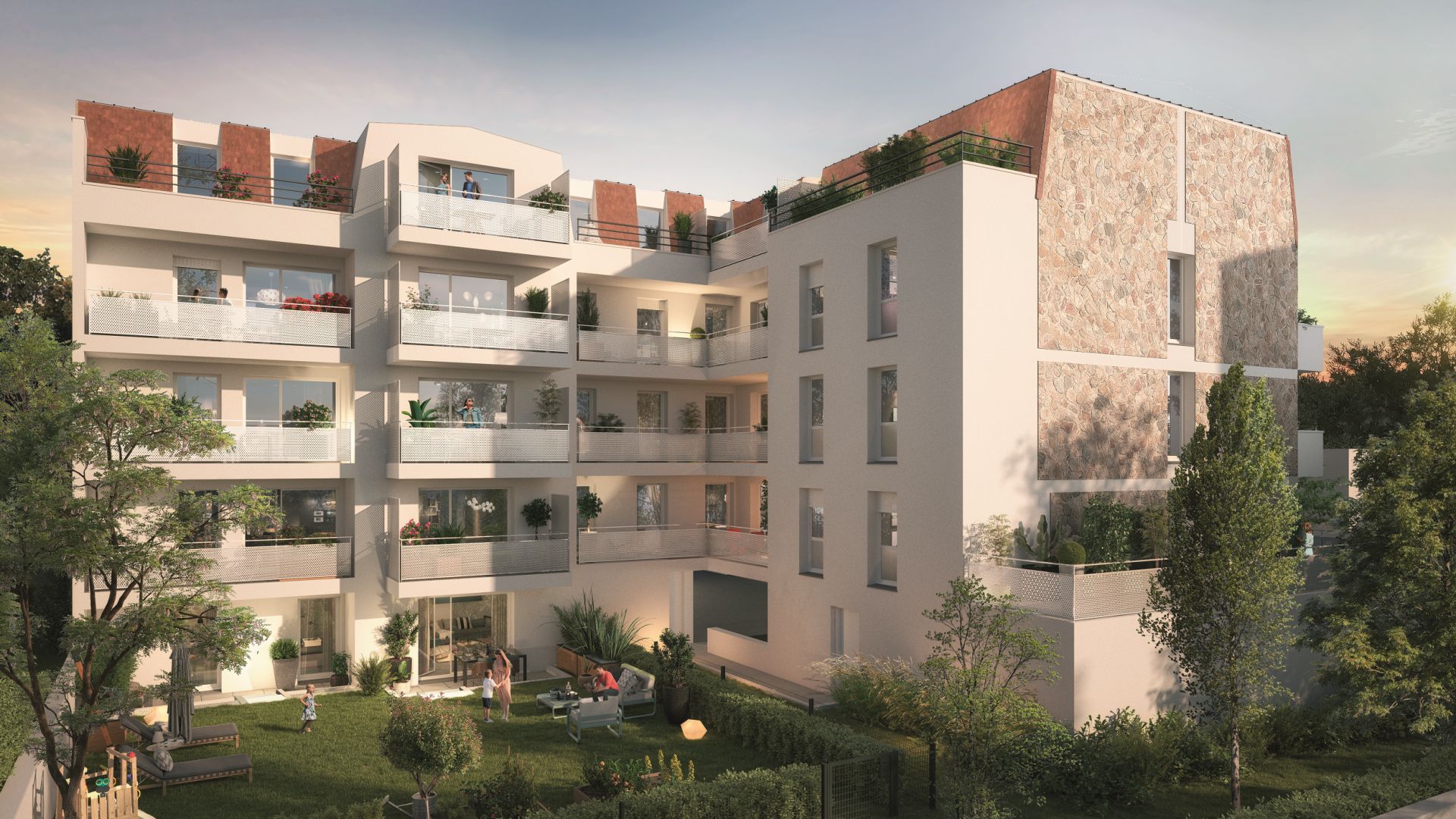 Greencity immobilier - achat appartements neufs du T1 au T3 - Résidence L'Olympie - 78250 Meulan-en-Yvelines - vue jardin