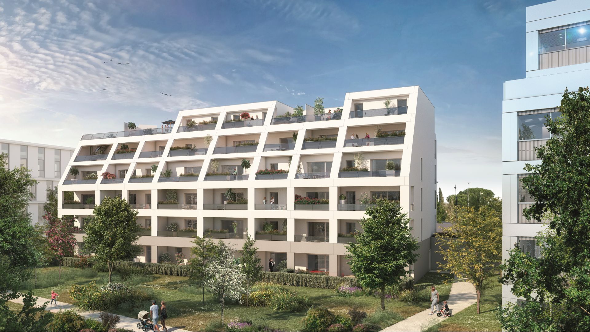 Greencity immobilier - achat appartements neufs du T1Bis au T6Duplex - Résidence MeetCity - 31700 Beauzelle - vue jardin