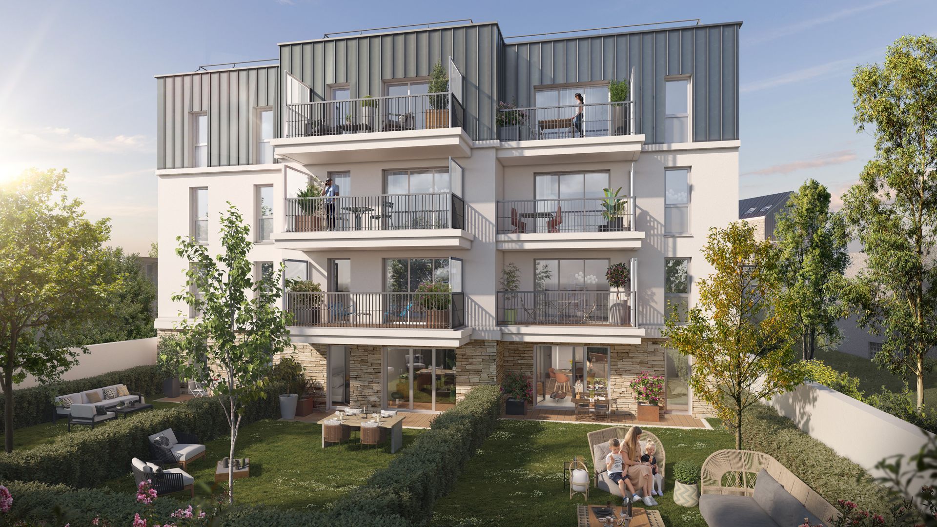 Greencity immobilier - achat appartements neufs du T1 au T4 - Résidence Opportunity - 64430 Chennevières-sur-Marne - vue jardin
