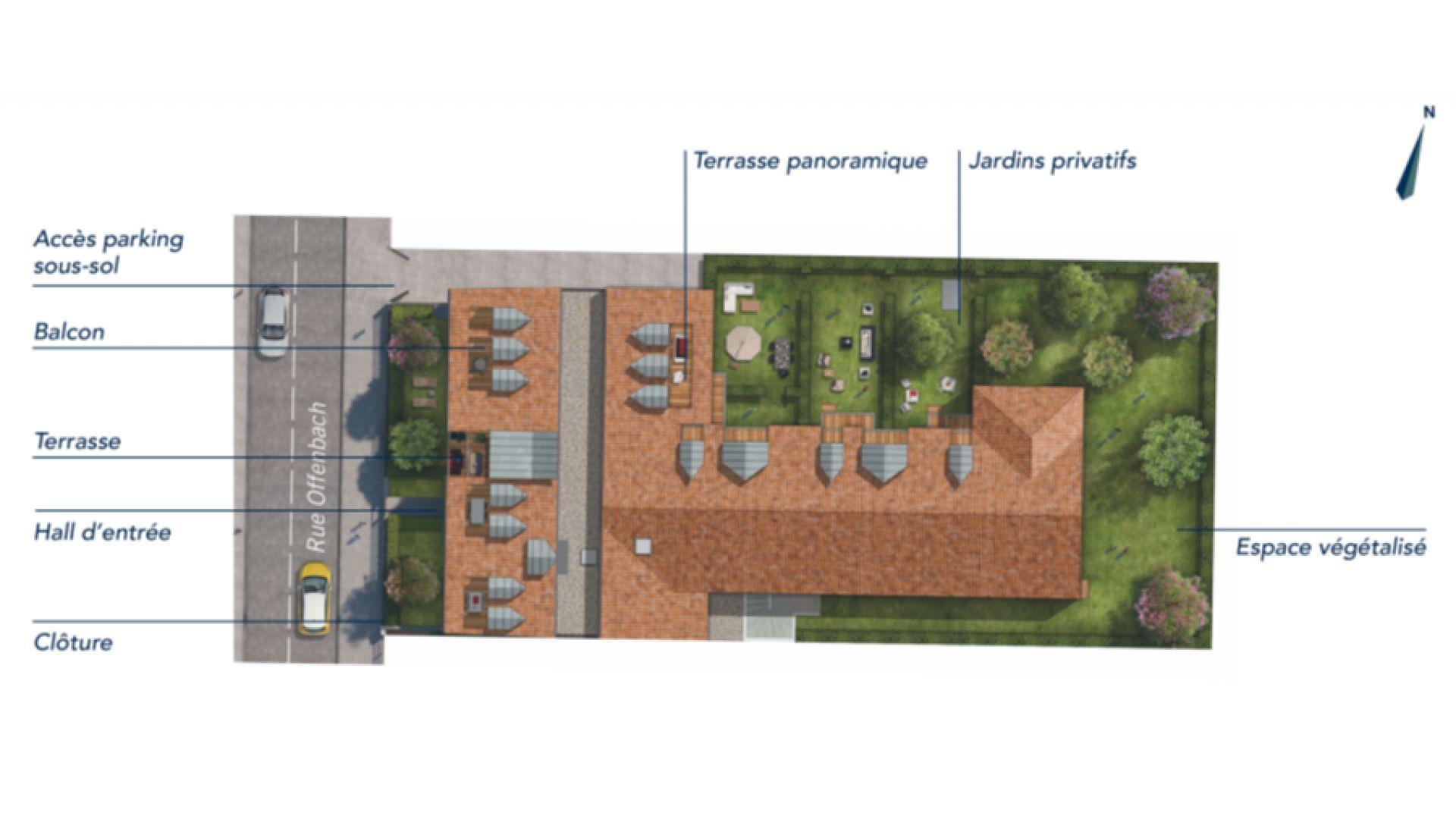 GreenCity immobilier - Villemomble 93250 - Villa Offenbach - Appartements neufs du T1 bis au T4 - plan de masse