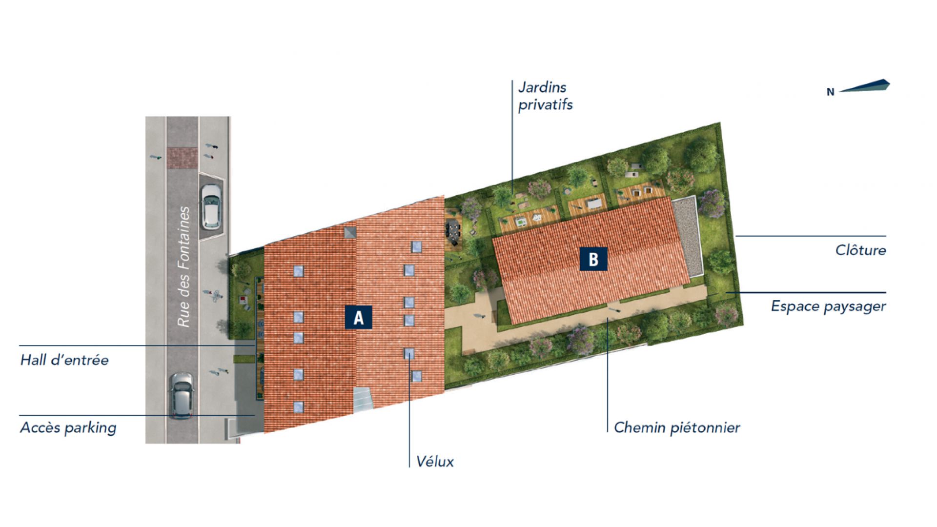 GreenCity immobilier - Toulouse rue des Fontaines - 31300 - résidence Villa Patricia - appartement T2 - T3 - T4 - T5 - plan de masse